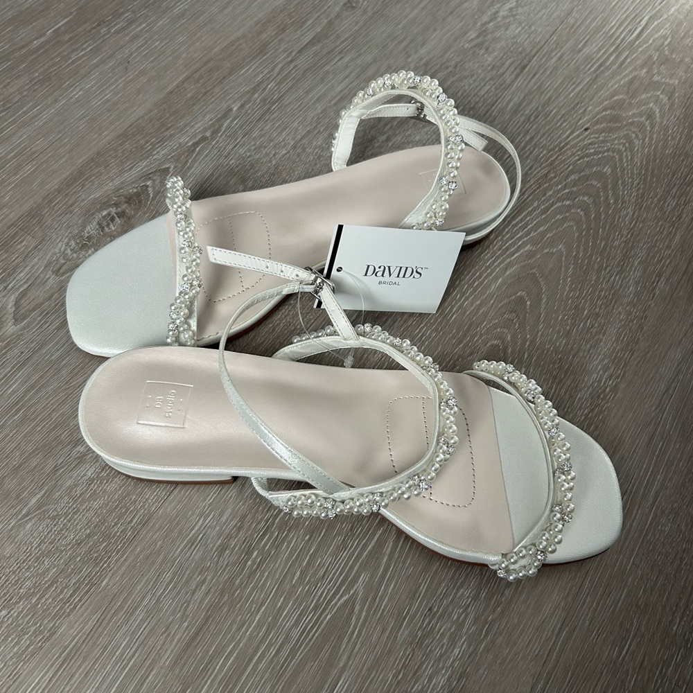 David's Bridal White Pearl Embellished Strappy Flat Sandals